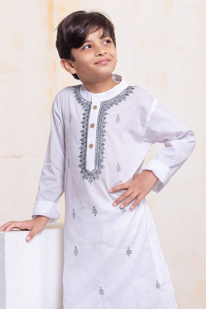 White &amp; Grey Embroidered Malmal Kurta | Newborn to Adult
