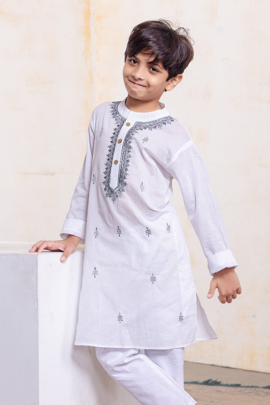 White &amp; Grey Embroidered Malmal Kurta | Newborn to Adult