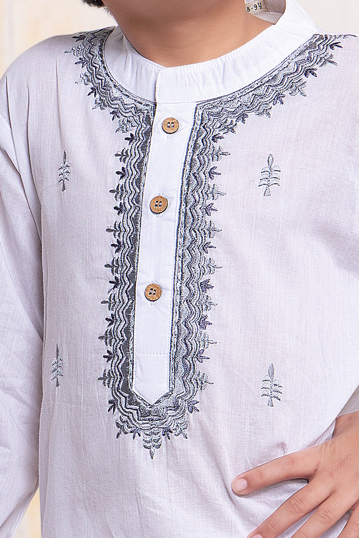 White &amp; Grey Embroidered Malmal Kurta | Newborn to Adult