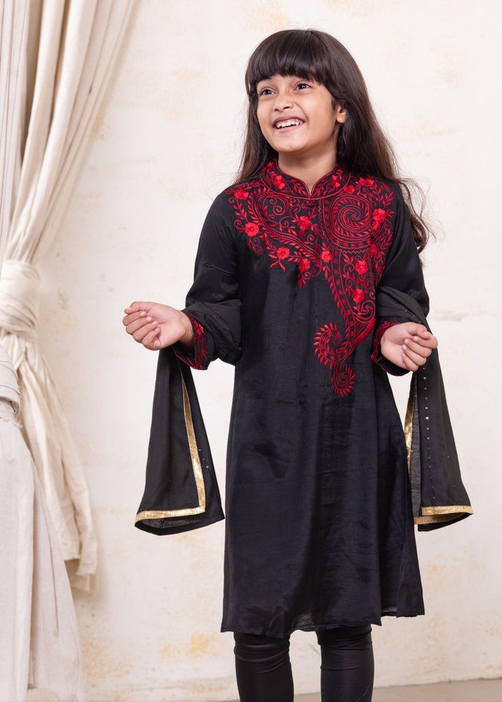 Black &amp; Red Embroidered Viscose Silk Kurta with Churidar, Girls &amp; Women