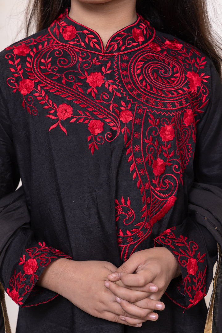 Black &amp; Red Embroidered Viscose Silk Kurta with Churidar, Girls &amp; Women