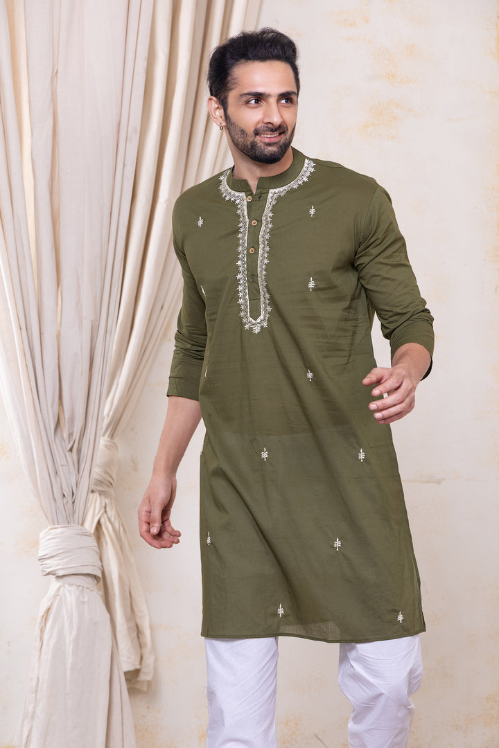 Embroidered Malmal Kurta for Boys, Men | Olive Green