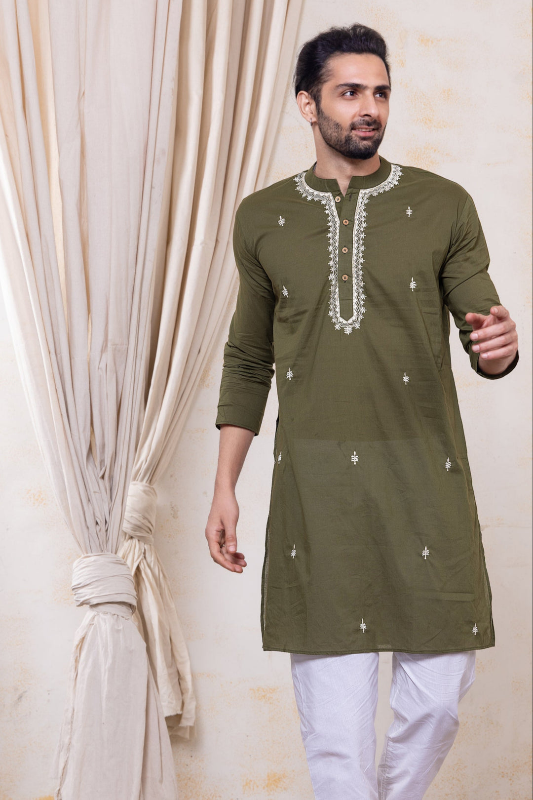 Embroidered Malmal Kurta for Boys, Men | Olive Green