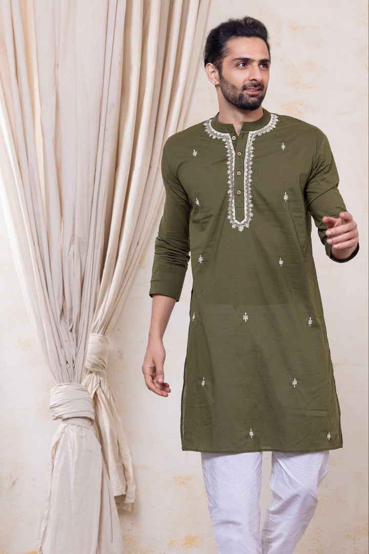 Embroidered Malmal Kurta for Boys, Men | Olive Green