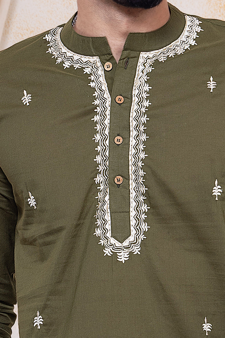 Embroidered Malmal Kurta for Boys, Men | Olive Green