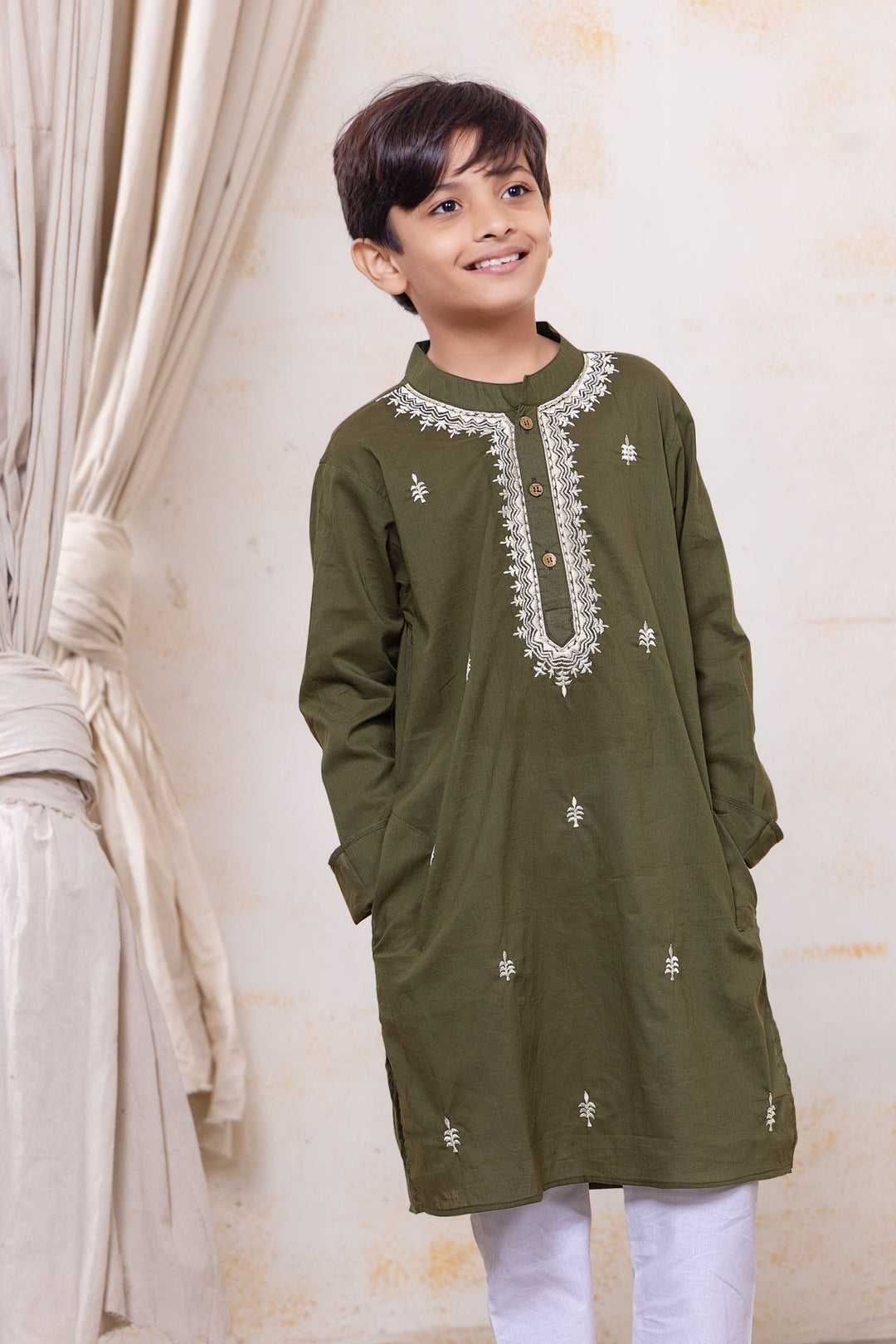 Embroidered Malmal Kurta for Boys, Men | Olive Green