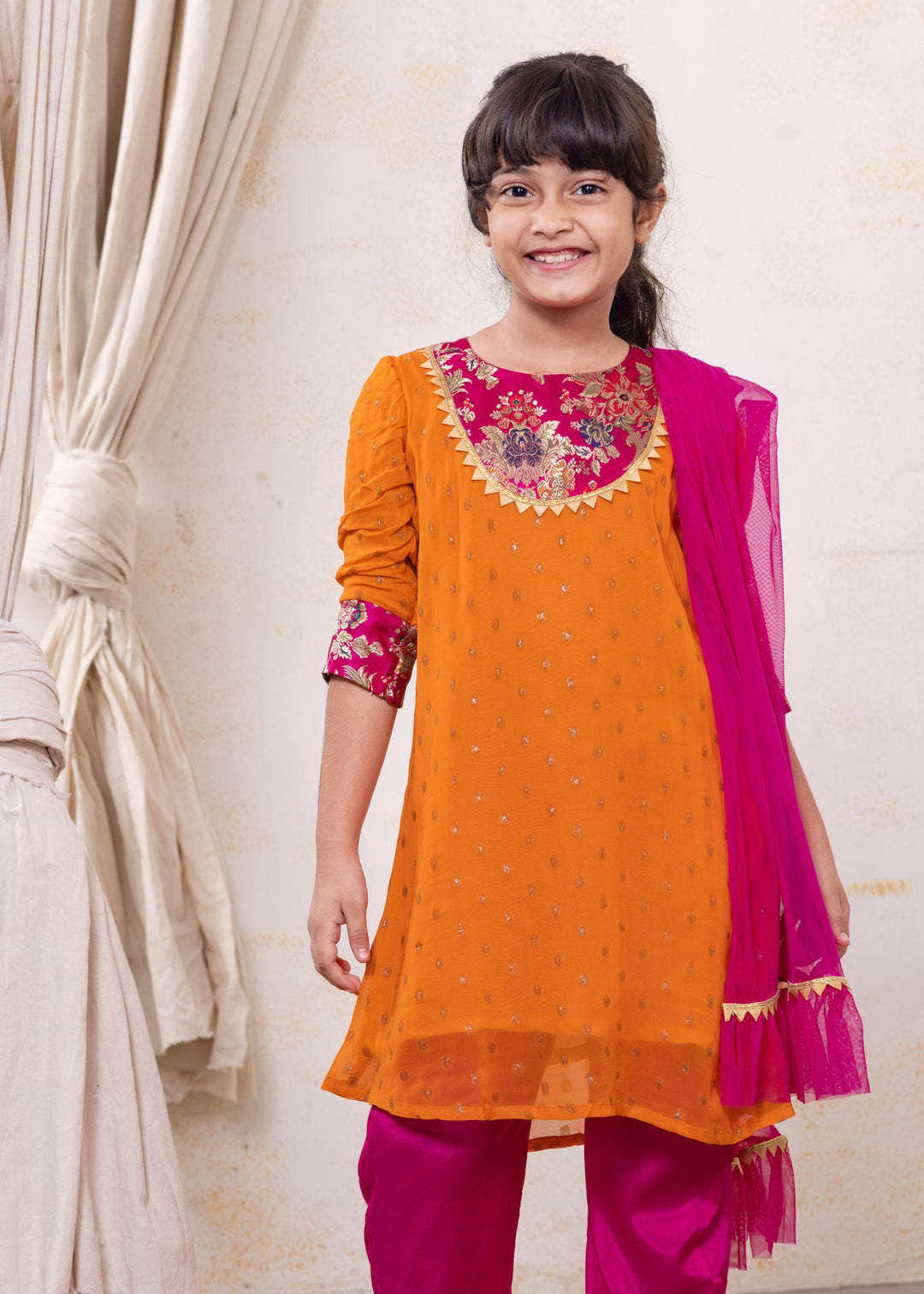 Orange Georgette Kurta with Pink Palazzo Pants | Girls &amp; Women
