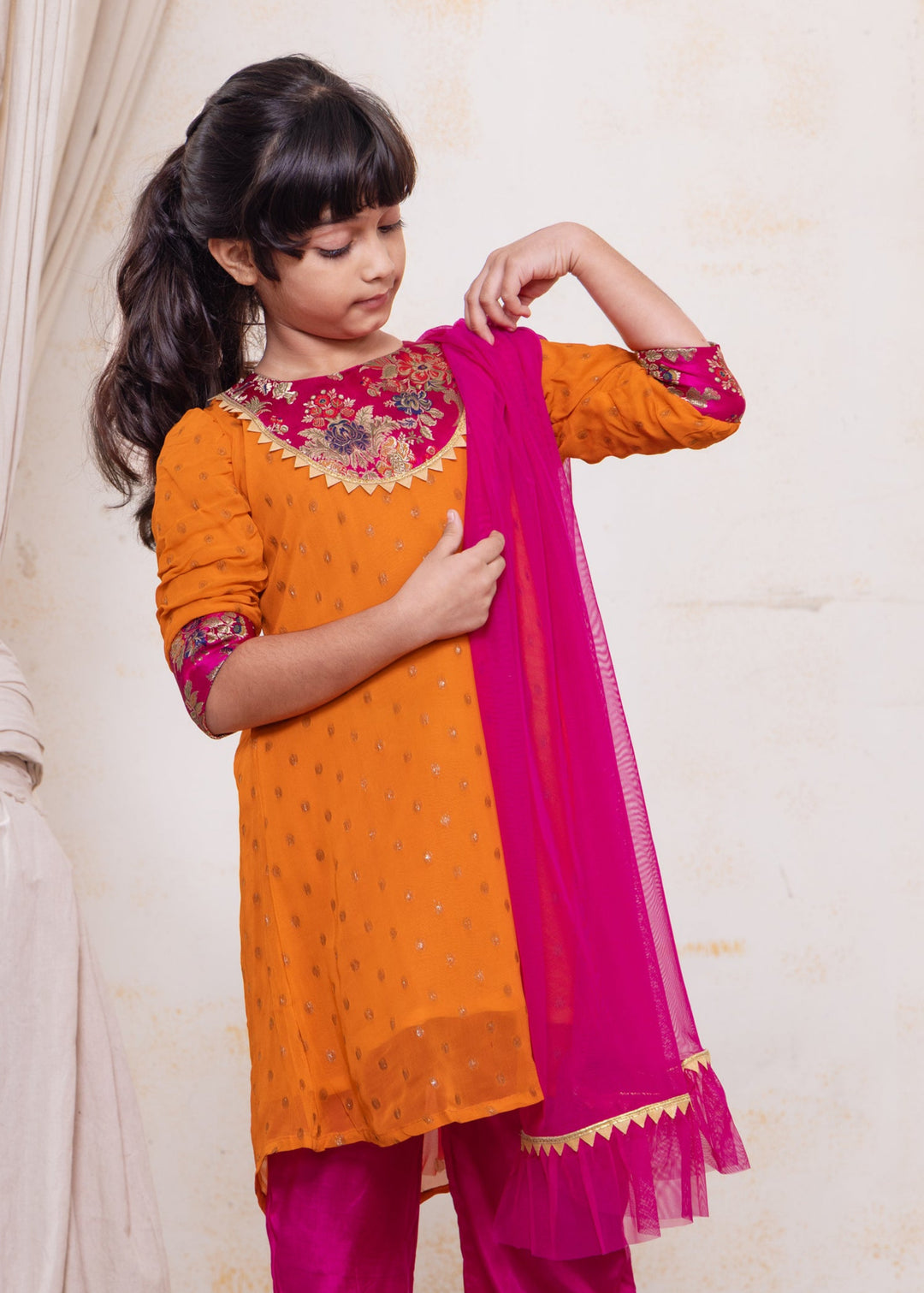 Orange Georgette Kurta with Pink Palazzo Pants | Girls &amp; Women