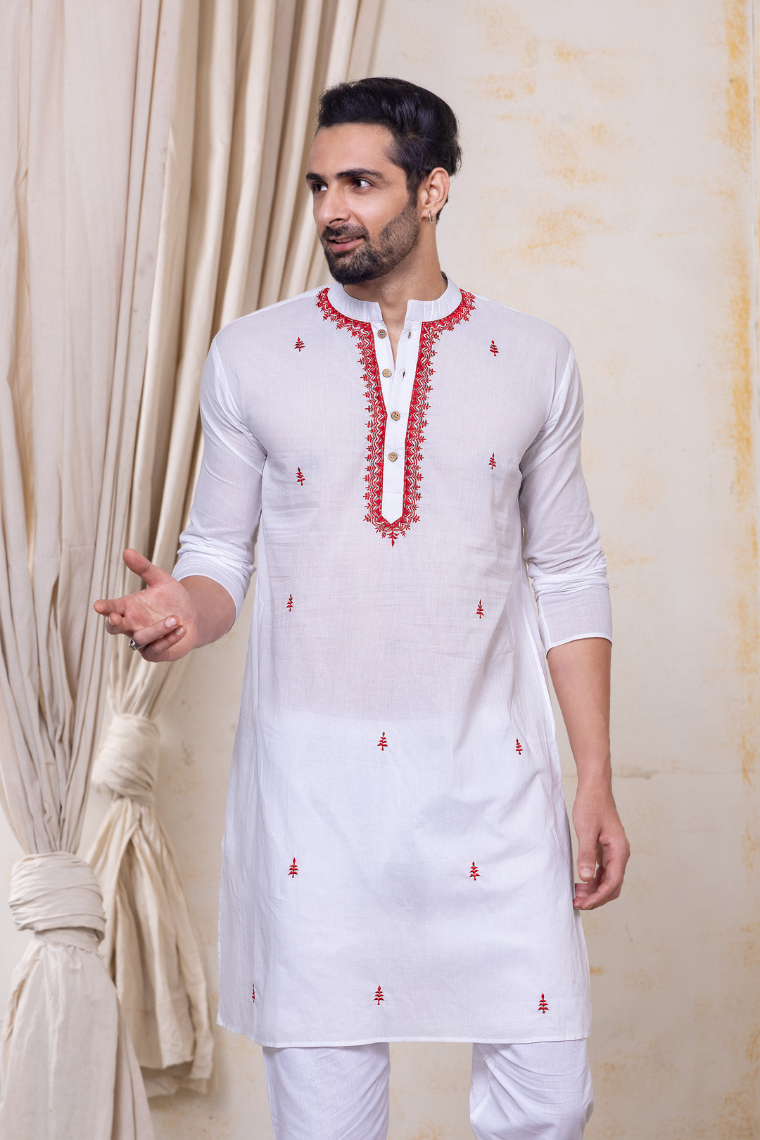 White &amp; Red Embroidered Malmal Kurta for Boys, Men