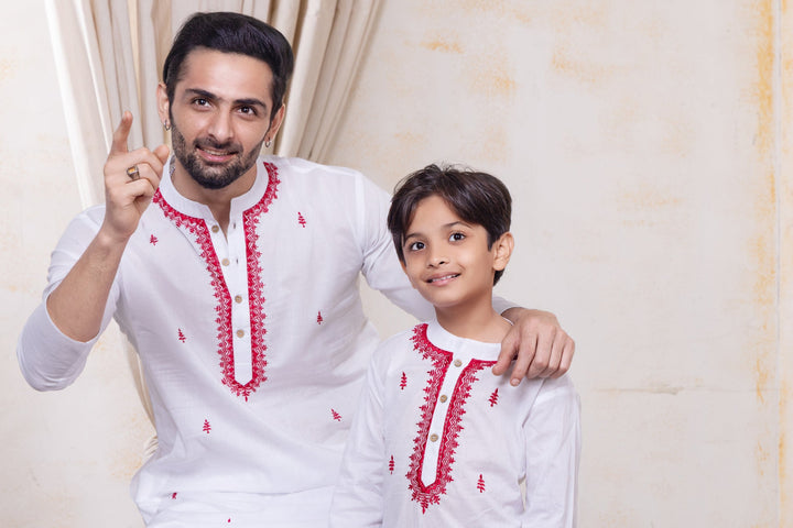 White &amp; Red Embroidered Malmal Kurta for Boys, Men