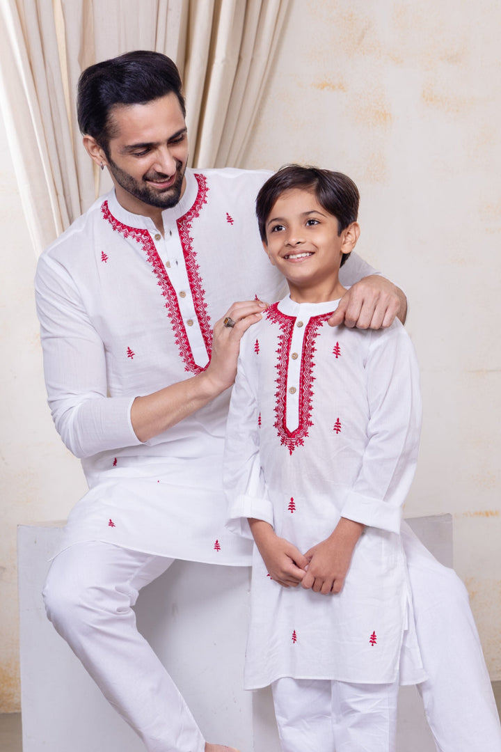White &amp; Red Embroidered Malmal Kurta for Boys, Men