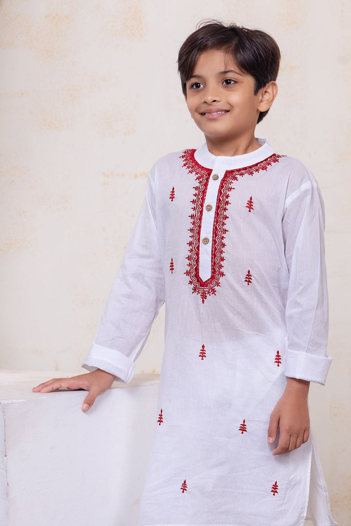White &amp; Red Embroidered Malmal Kurta for Boys, Men