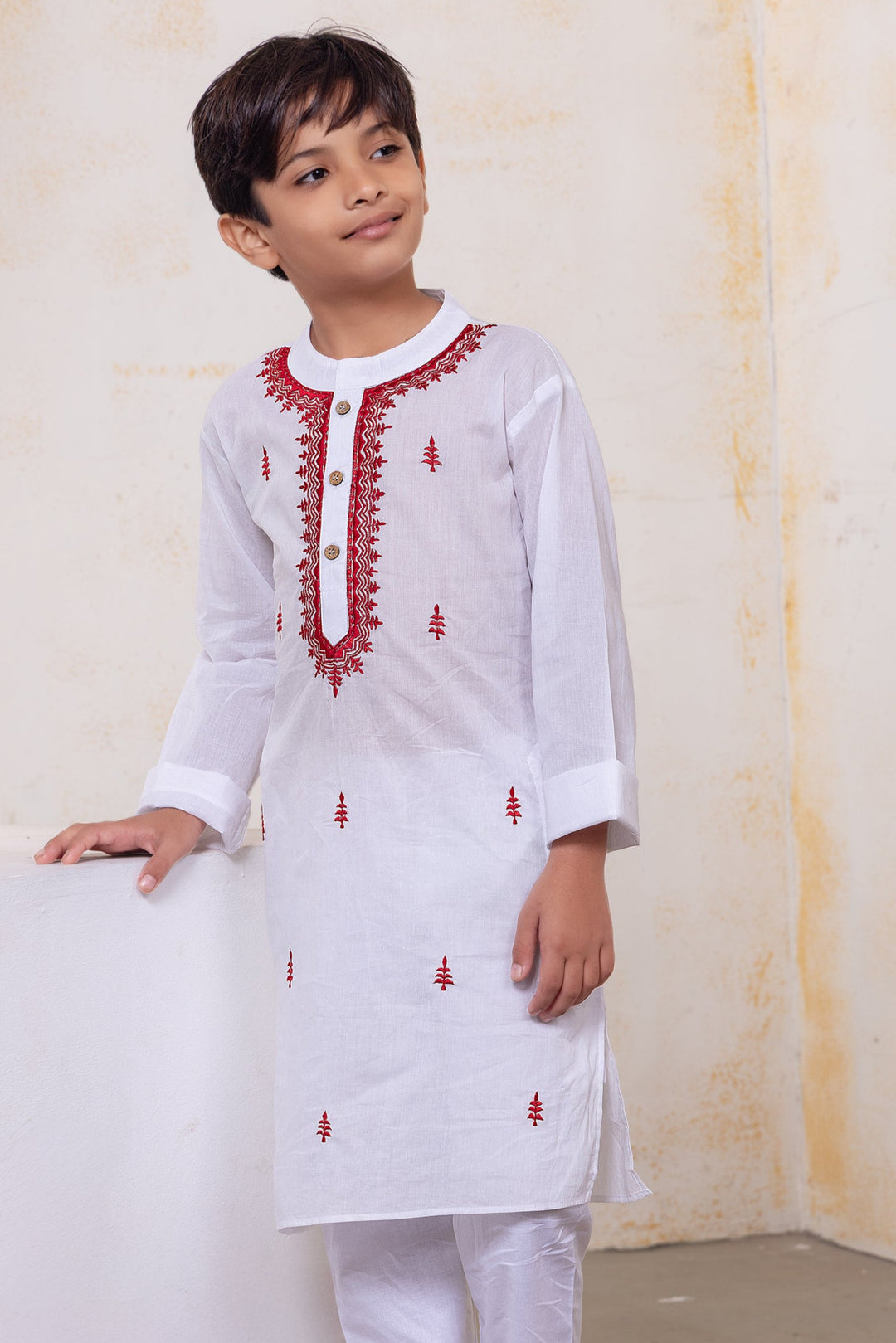 White &amp; Red Embroidered Malmal Kurta for Boys, Men