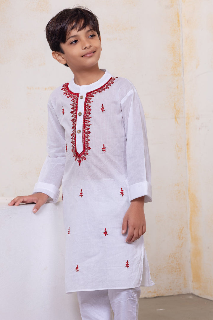 White &amp; Red Embroidered Malmal Kurta for Boys, Men