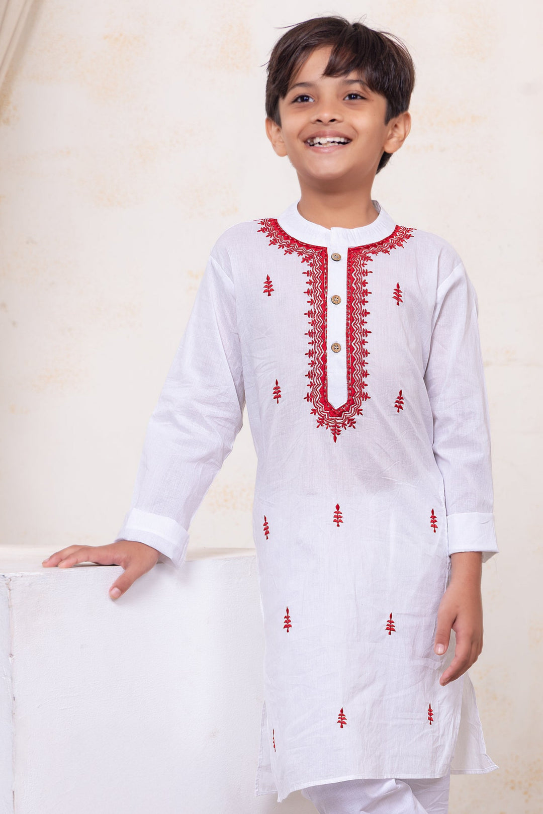 White &amp; Red Embroidered Malmal Kurta for Boys, Men
