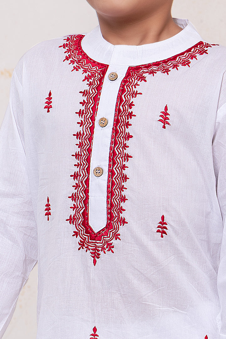 White &amp; Red Embroidered Malmal Kurta for Boys, Men
