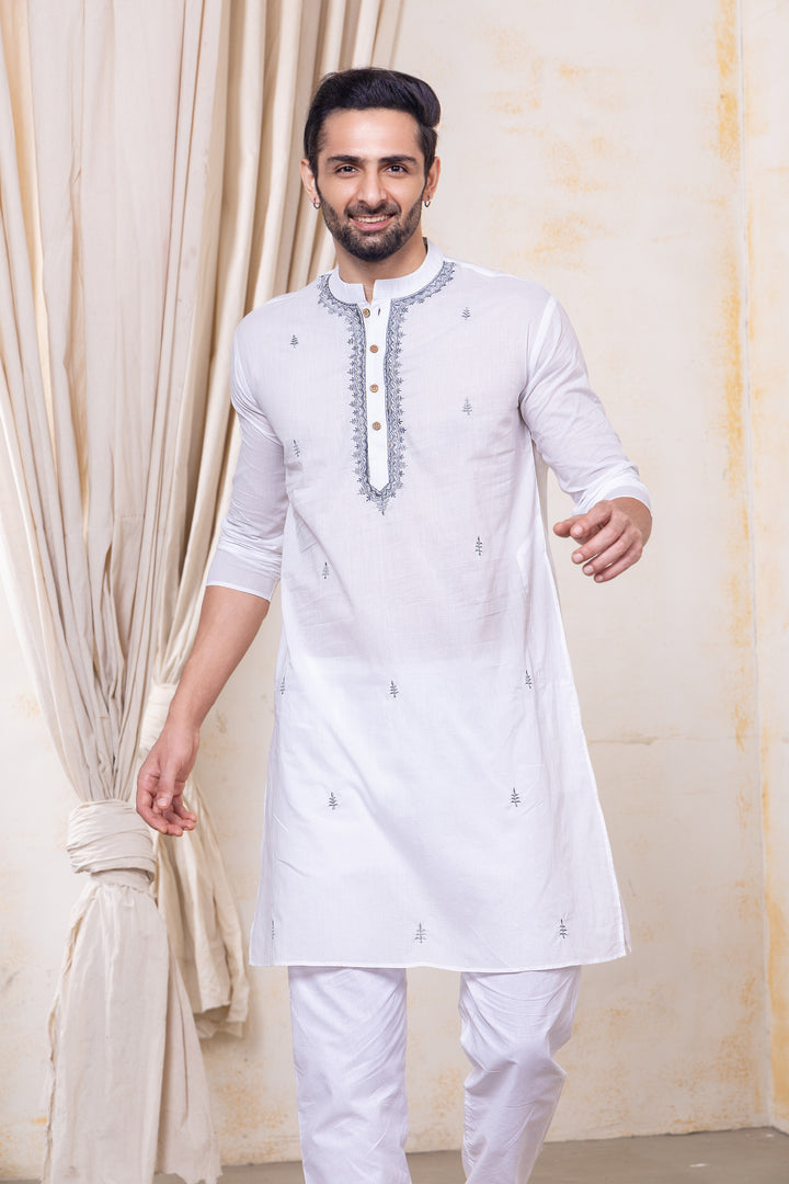 White &amp; Grey Embroidered Malmal Kurta | Newborn to Adult