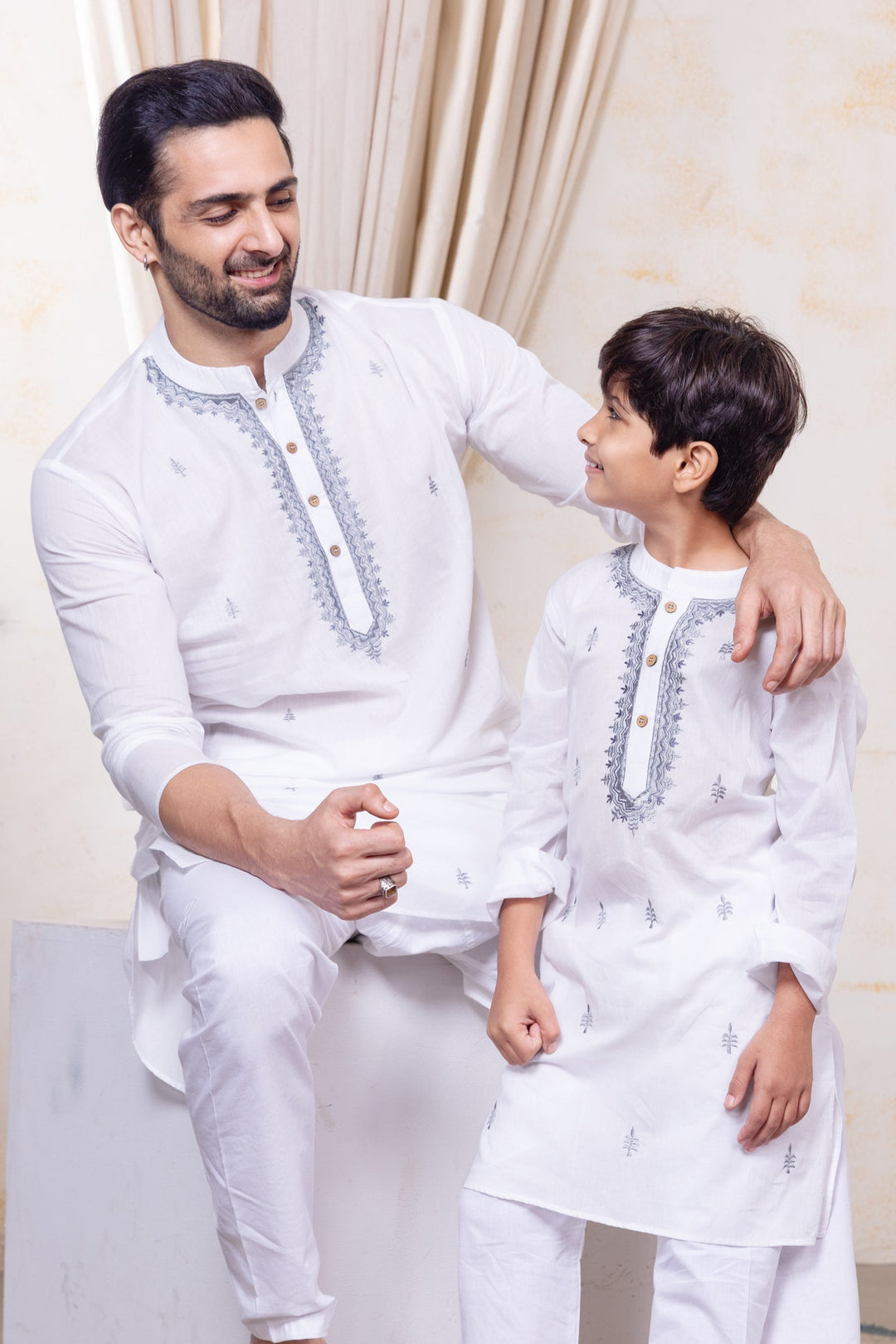 White &amp; Grey Embroidered Malmal Kurta | Newborn to Adult