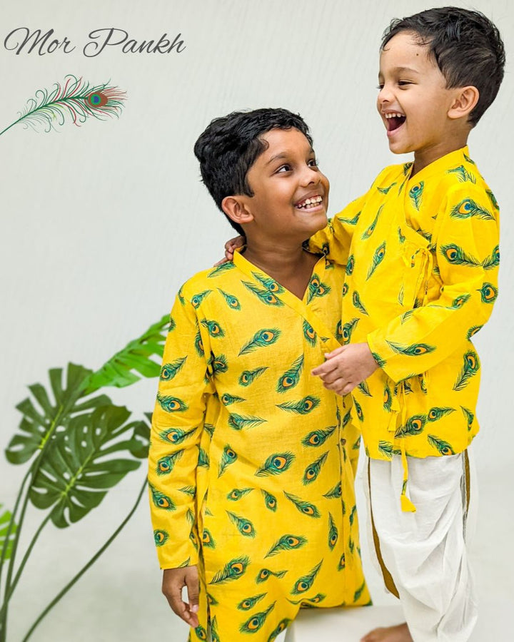 yellow kurta with peacock feather for janamashtami