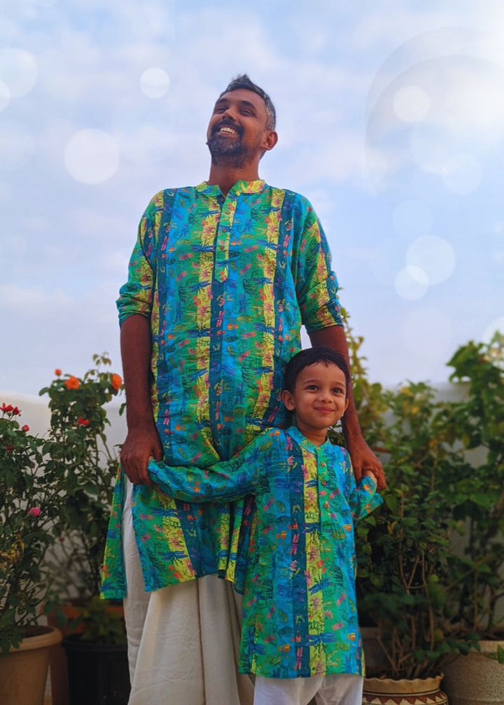 Cotton Malmal Kurta | Dragonfly Neon | Newborn to Adult