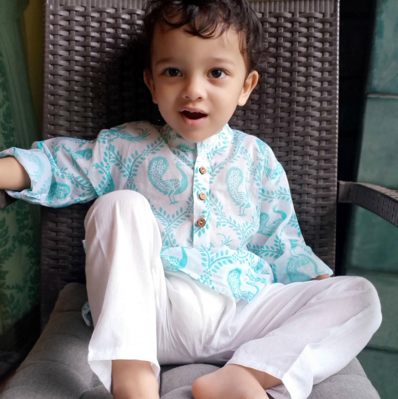 Cotton Malmal Kurta Pajama Set | Pyaare Panchhi Blue