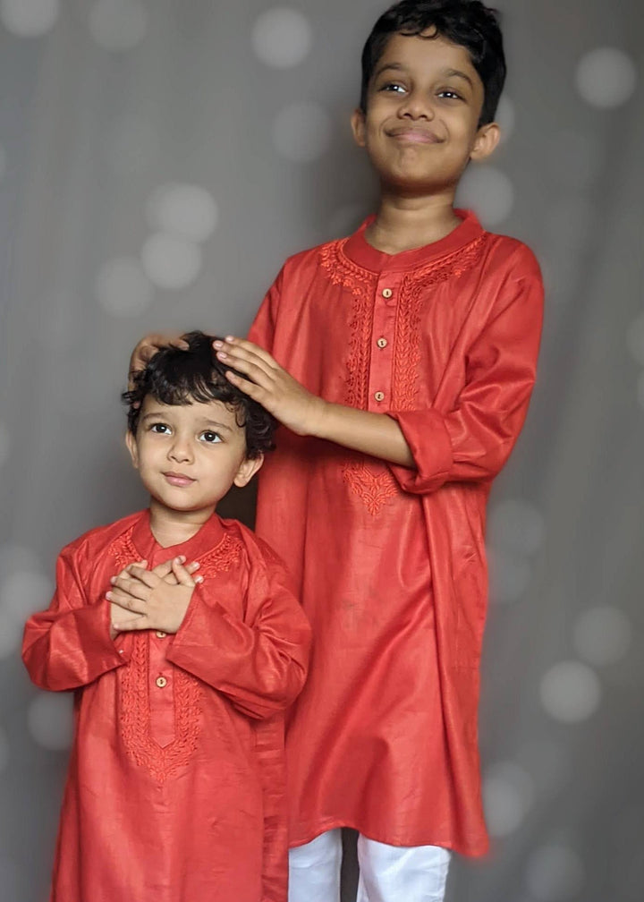 Embroidered Malmal Kurta | Red | Newborn to Adult