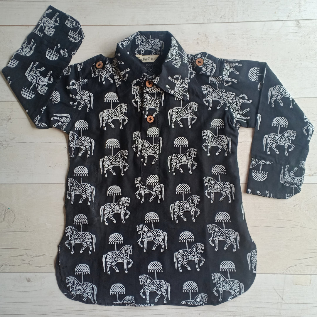 Cotton Malmal Kurta | Pathani Cut | Tugbug Ghoda Black