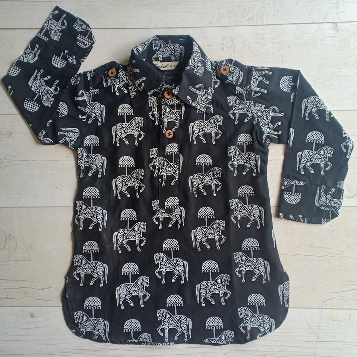 Cotton Malmal Kurta | Pathani Cut | Tugbug Ghoda Black