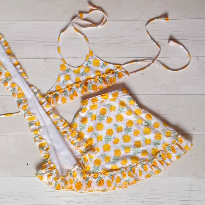 Cotton Malmal Lehenga Set | Marigold