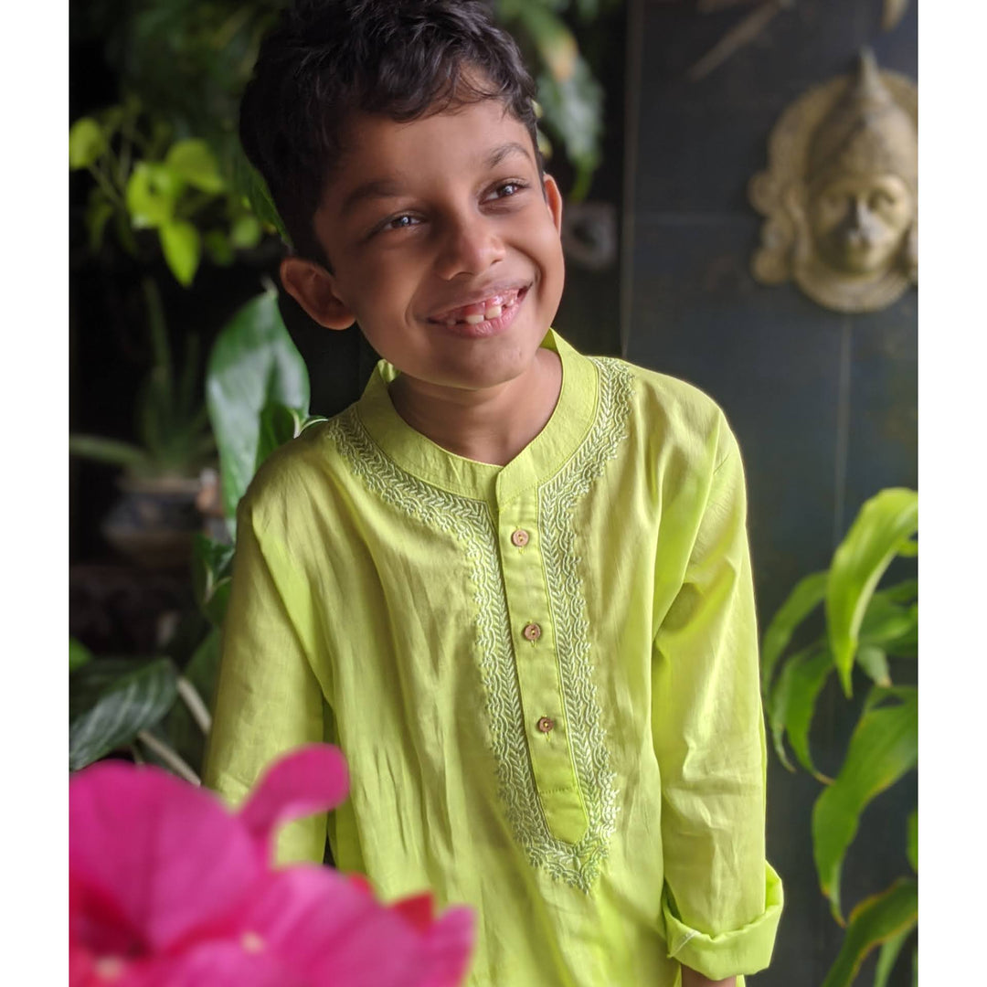Embroidered Malmal Kurta | Lime Green | Newborn to Adult
