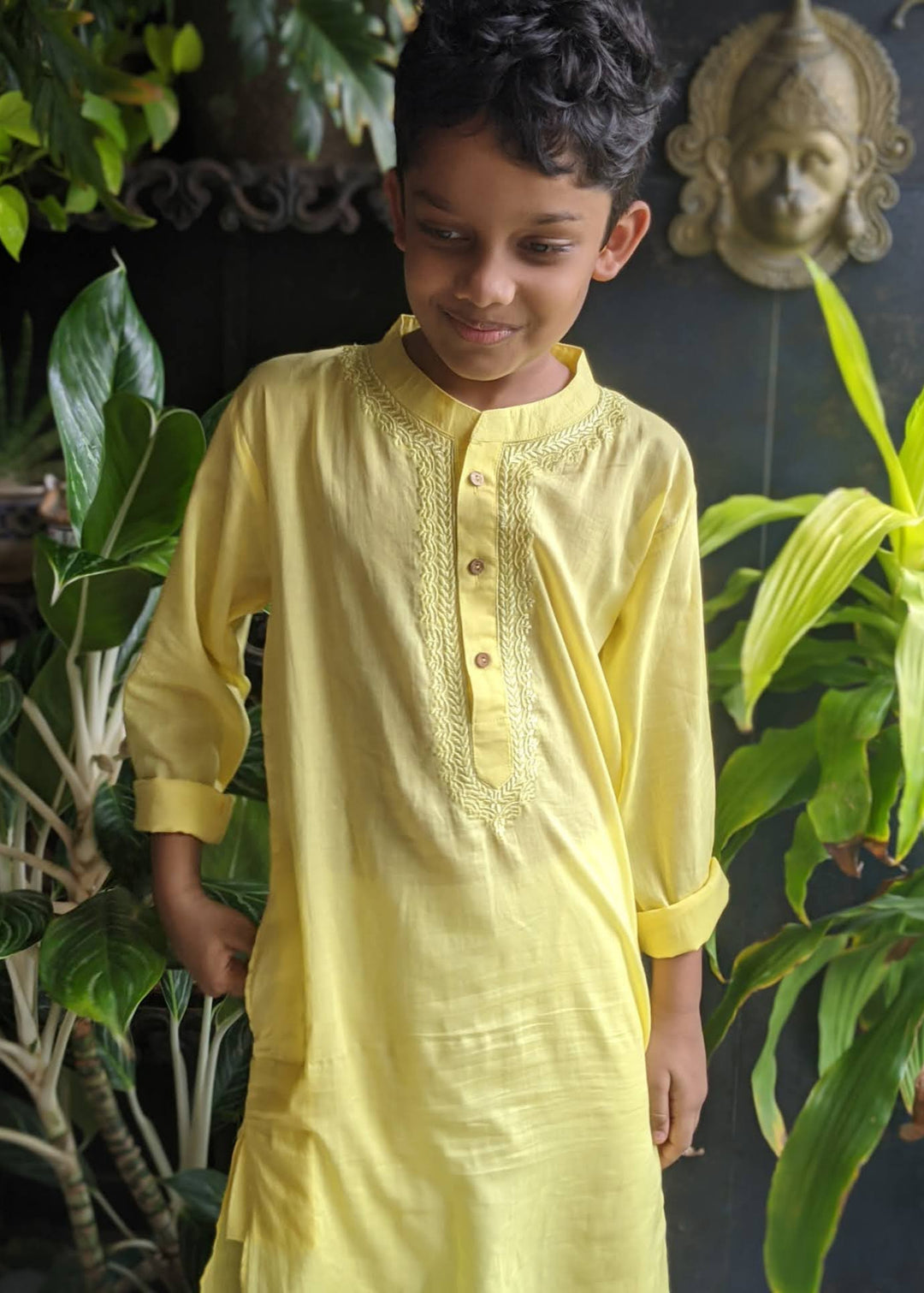 LEMON YELLOW EMBROIDERED KURTA FOR BOYS