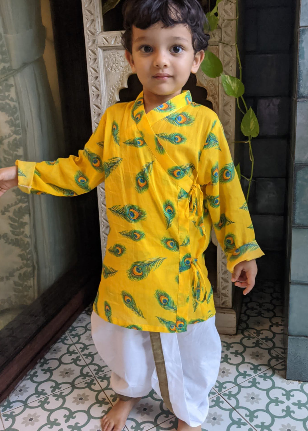 yellow angrakha dhoti kurta for janamashtami, krishna set for boy