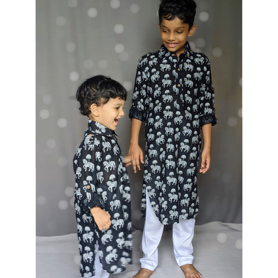 Cotton Malmal Kurta | Pathani Cut | Tugbug Ghoda Black