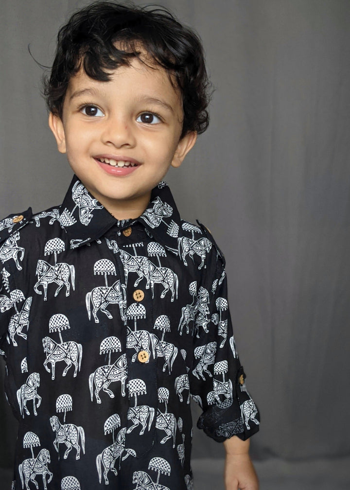 Cotton Malmal Kurta | Pathani Cut | Tugbug Ghoda Black