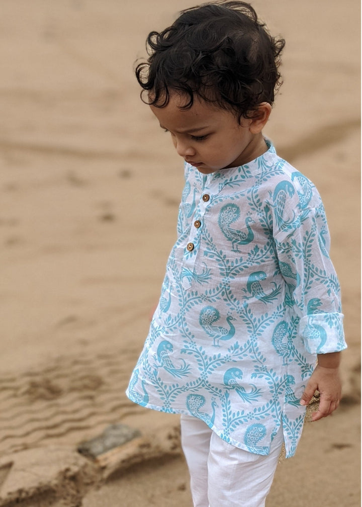 Cotton Malmal Kurta Pajama Set | Pyaare Panchhi Blue