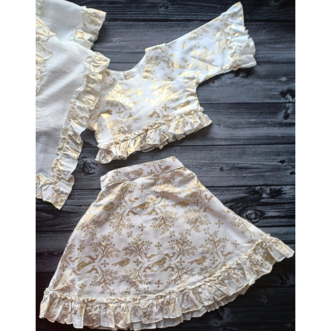 Cotton Malmal Lehenga Set | Sonchiriya | White &amp; Gold