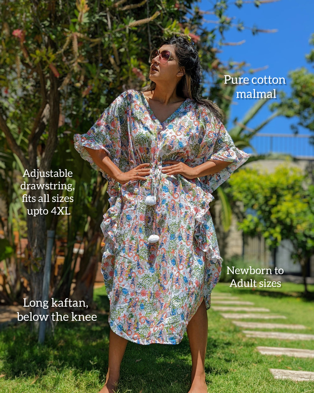 Sea Horse print women’s cotton beach kaftan – breathable summer wear.