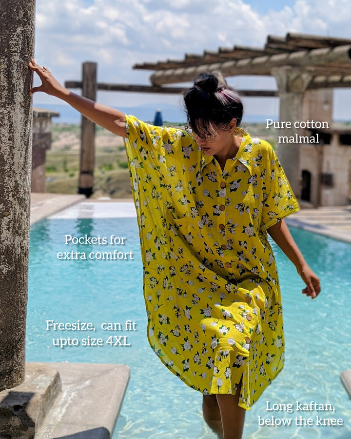 Neon Jasmine print women’s collared kaftan – bright cotton summer dress