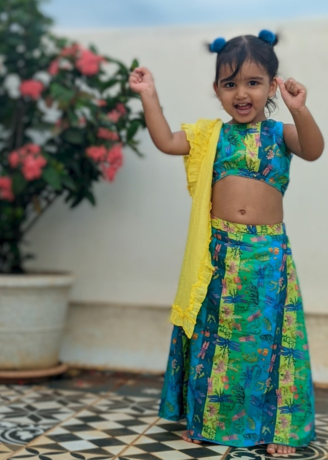 Cotton Malmal Lehenga Set | Dragonfly Neon