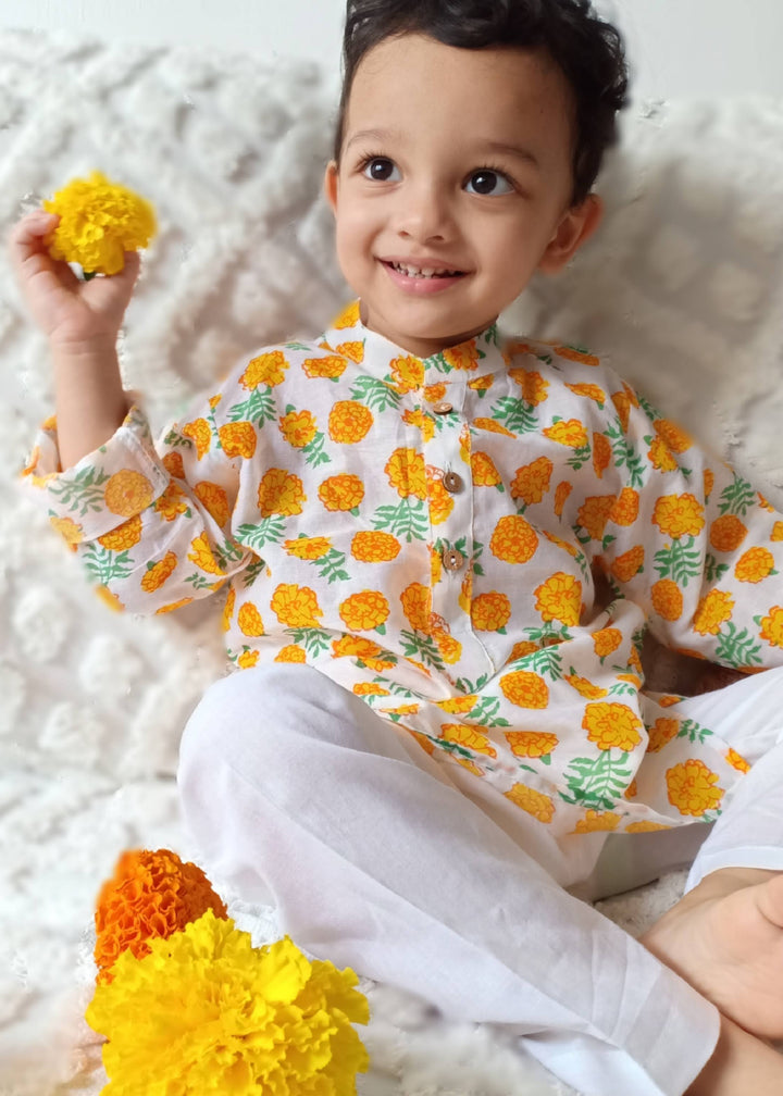 Marigold print cotton malmal kurta for boys, festive Indian wear by Tura Turi