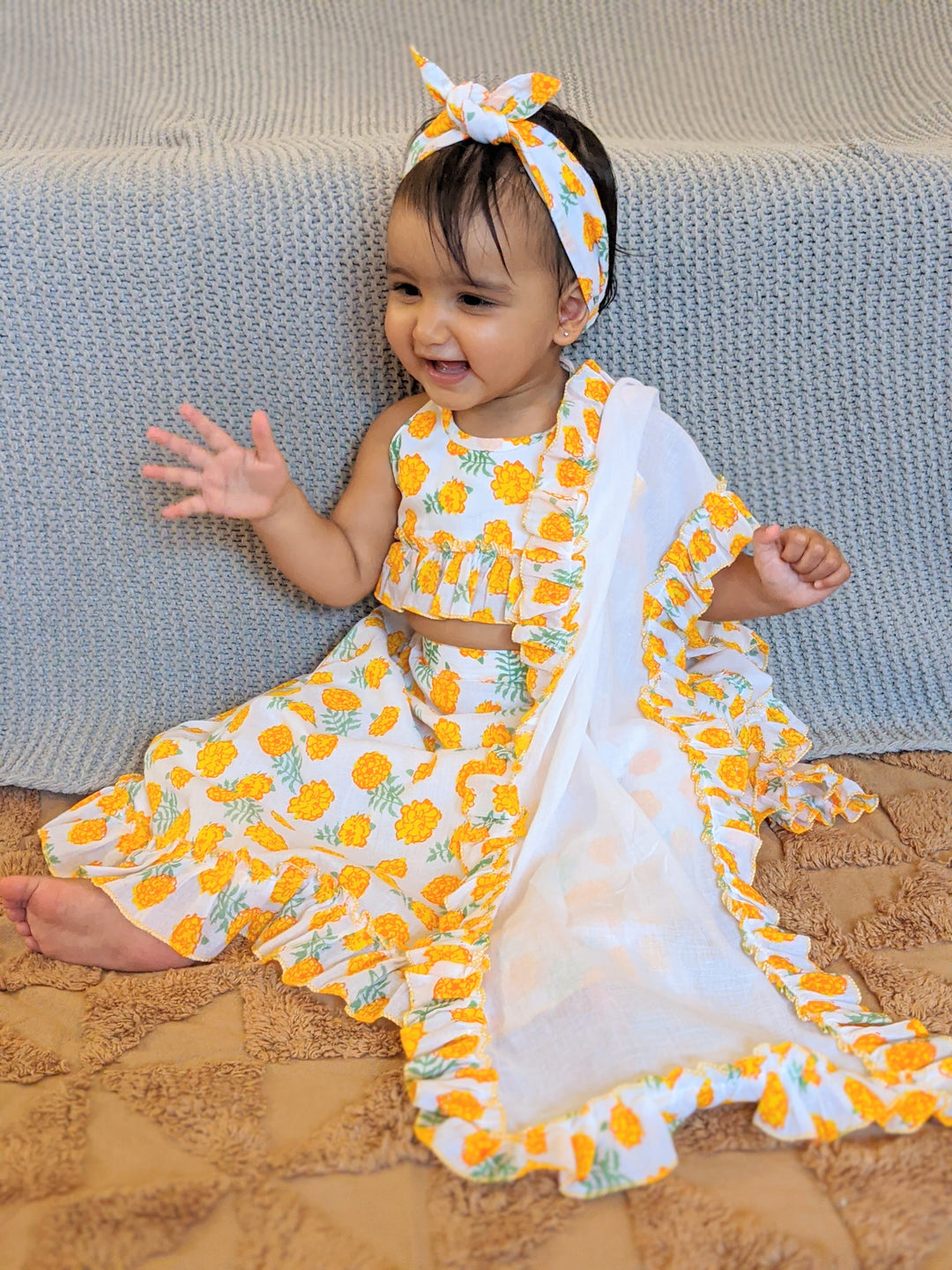 Cotton Malmal Lehenga Set | Marigold