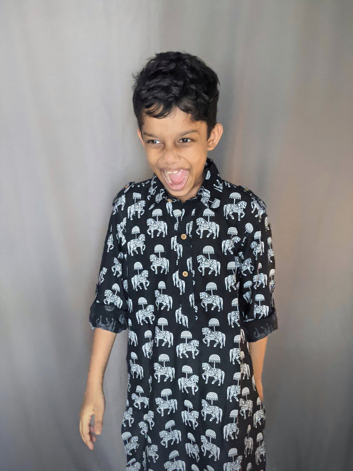 Cotton Malmal Kurta | Pathani Cut | Tugbug Ghoda Black