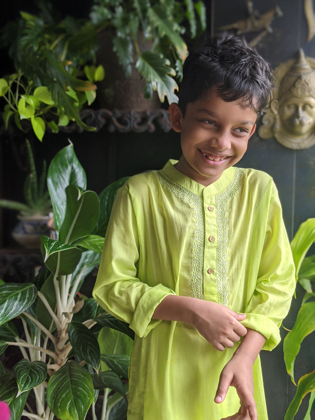 Embroidered Malmal Kurta | Lime Green | Newborn to Adult