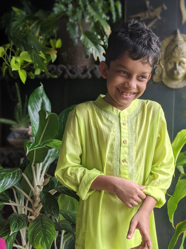 Embroidered Malmal Kurta | Lime Green | Newborn to Adult