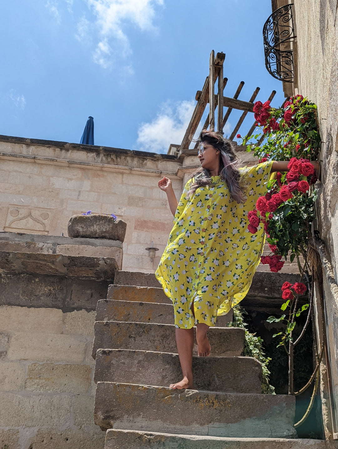 Neon Jasmine print women’s collared kaftan – bright cotton summer dress