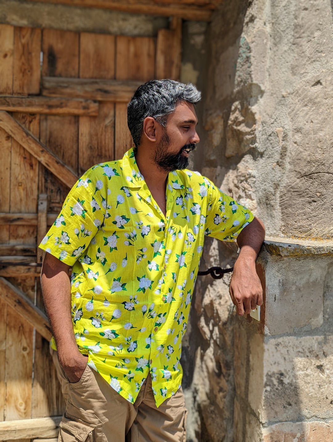 Neon Jasmine men’s cotton shirt – bold floral summer shirt