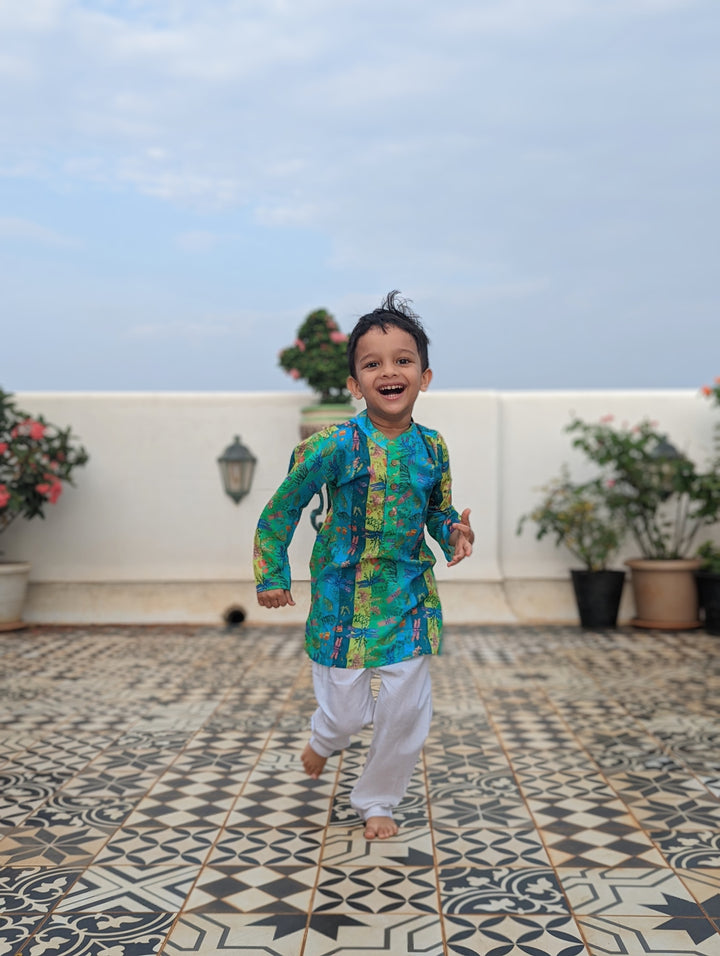 Cotton Malmal Kurta | Dragonfly Neon | Newborn to Adult