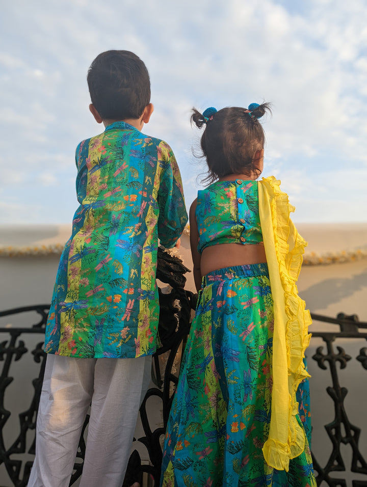 Cotton Malmal Lehenga Set | Dragonfly Neon