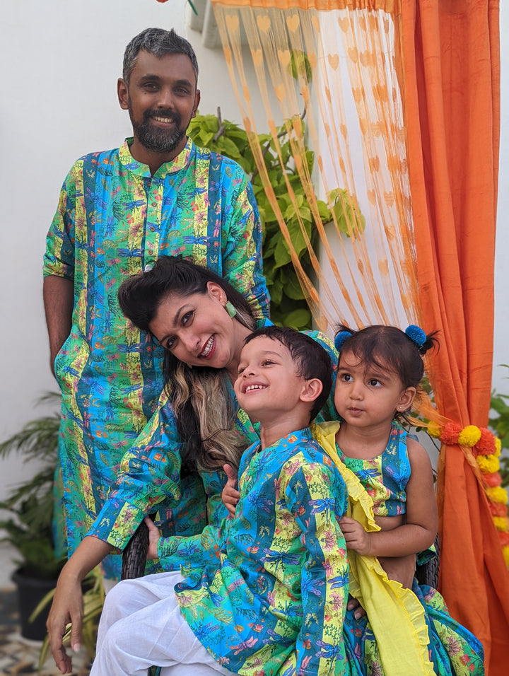 Cotton Malmal Lehenga Set | Dragonfly Neon