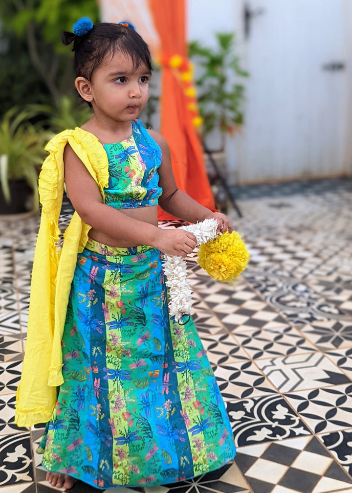 Cotton Malmal Lehenga Set | Dragonfly Neon
